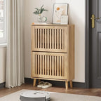 Shoe Storage Cabinet with Louvered 2 Flip Drawers, Narrow Shoe Cabinet Storage for Entryway, Freestanding Shoe Organizer Cabinet with Golden Handles, Slim Shoe Rack Cabinet 23.5in (Natural Wood) by Algherohein