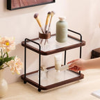 2-Tier Bathroom Counter Organizer with Transparent Stripe Acrylic Shelves, Brown Wood Frame and Black Metal Support, Rustproof Vanity Storage Rack for Skincare Cosmetics and Toiletries - Image 5