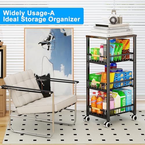 Fruit Vegetable Storage Basket for Kitchen, 4 Tier Large Pull-Out Metal Wire Baskets with 3 Pack Mats Bottom, Wood Top and Wheels, Vegetable Produce Bins Stand Cart Rack for Onions and Potatoes - Image 7