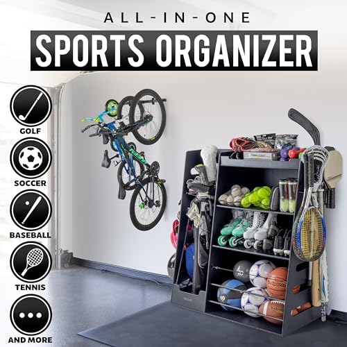 GoSports Premium Wooden Sports Equipment Organizer with Storage Hooks - Golf Bag Rack and Multi-Sport Ball Bin for Garage - Image 2