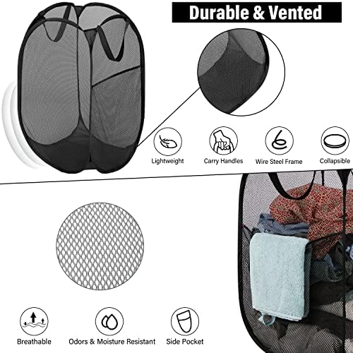 BATTOO Deluxe Strong Mesh Pop up Laundry Hamper Basket with Side Pocket for Laundry Room, Bathroom, Kids Room, College Dorm or Travel 3 Pack Black - Image 2
