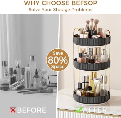 360° Rotating Makeup Organizer, Upgraded 3 Tier Skincare Perfume Organizers for Women, Bathroom Organizer Countertop, Clear Cosmetic Dresser Organizer with Makeup Brush Holder, Sink&Counter(Black) - Image 3