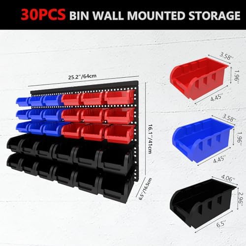 30Pcs Plastic Wall Mounted Storage Bins Parts Rack Nuts And Bolt Bins Organizer For Shop Garage for Screws, Nuts, Bolts, Nails, Beads, and Small Hardware Parts(RED+BLUE+BLACK, 30) - Image 2
