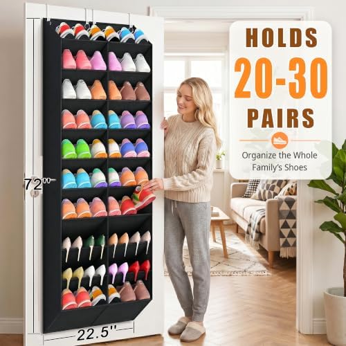 UVIAHOMI 20-30 Pairs Over the Door Shoe Organizer, Breathable Pockets Hanging Shoe Storage for Closet, 10-Tier Door Shoes Rack, Handing Shoes Holder Fit All the Family's Sneakers, Boots, Heels, Black - Image 2