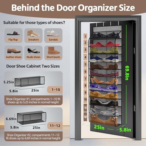 PAULONE 12 Pocket Over the Door Shoe Organizer,Reusable Breathable Large Mesh Bag Men's & Women's Sneaker Organizer,Shoe Organizer for Kids,Hanging Shoe Storage Hanging Bag (Grey) - Image 3