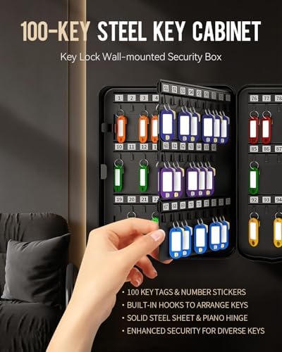 Uniclife 100 Position Key Cabinet with Key Lock Wall Mounted Black Security Storage Box Steel Key Organizer with Colorful Key Tag Labels Stickers and Hooks - Image 4