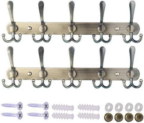 Dseap Wall Mounted Coat Rack - 5 Tri Hooks, Heavy Duty, Stainless Steel, Metal Coat Hook Rail for Coat Hat Towel Purse Robes Mudroom Bathroom Entryway (Bronze, 2 Packs) by Dseap