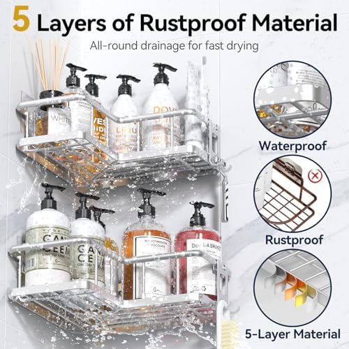 YASONIC Corner Shower Caddy Adhesive, 100% Rustproof Shower Organizer, No Drill Shower Shelf for Inside Shower, Wall-Mounted Shower Storage for Homes (2 Pack, Silver) - Image 4