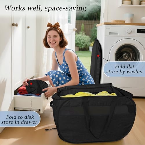 100L Extra Large Mesh Pop Up Laundry Hamper with Lid & Handles 2 Pack, XL Foldable Dirty Clothes Basket for Home Dorm Closet Storage, Portable Laundry Bin, Black. 2H - Image 4