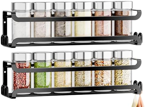 LUCYCAZ 2 Pack Wall Mounted Spice Rack for Spice Jars & Seasonings (Black) by LUCYCAZ