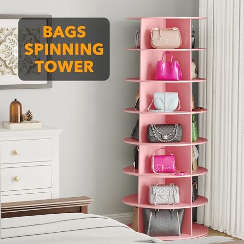 SpaceAid 7 Tier Rotating Shoe Rack Tower, Spinning Shoe Display Lazy Susan, Revolving 360 Shoe Rack Storage Round Carousel, Vertical Handbag Rotate Shoes Closet Organization (7-Tier Pink) - Image 5
