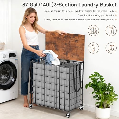 Laundry Basket with Wheels, Heavy Duty Laundry Sorter 3 Sections, 140L (37Gal.) Large Capacity Laundry Hamper with Wood Lid, 360 Rolling Wheels, Extra Side Pocket, Leather Pull Handle,Grey - Image 6