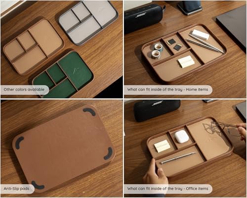 MUUJEE Leather Catchall Multitray (Design 1) - 11.65 x 7.75 x 0.8, Everyday Watch and Wallet Caddy Organizer with 4 Compartments, Accessory Glasses Phone Valet Dump Tray for Bedside Nightstand, Tan - Image 5