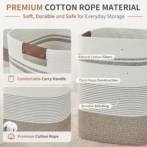 AINUOQI Laundry Hamper - Tall Woven Rope Laundry Basket - Clothes hamper with Leather Handles, 17" X 13.8" X 22", Blanket Storage Basket for Living Room, Rice Brown & White - Image 4