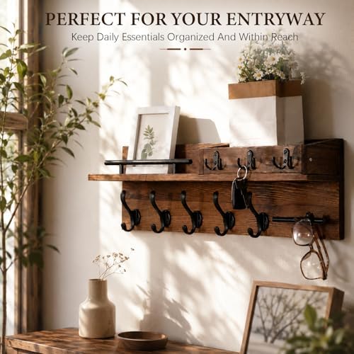29" Wooden Wall Mounted Coat Rack with Shelf - 5-in-1 Entryway Organizer with 8 Hooks (5 Coat Hooks + 3 Key Hooks), Mail Holder & Display Shelf & glasses Hanger for Doorway, Bedroom, Garage Entrance - Image 3