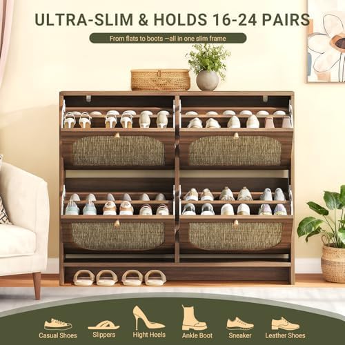 Nicetree Freestanding Ultra Slim Fluted Accent Shoe Storage Cabinet for Entryway - 4 Flip Drawers & 3-Tier Adjustable Shelves, Farmhouse Modern Rustic Shoe Rack for Hallway, Foyer, Living Room - Image 6