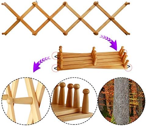 WEBI Accordion Wall Hanger,Expandable Wooden Hat Rack for Wall Mounted Coat Rack,Accordion Hat Hooks Holder for Baseball Caps,14 Peg Hooks,Natural - Image 4