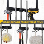 Broom Holder Door Mount,Door Mounted Broom and Mop Holder with Dual Tool Hooks, Three Slots, and One Tool Storage Basket For Laundry Room, Garage, Closet, warehouse, Kitchen Decor (black) - Image 6