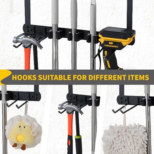 Broom Holder Door Mount,Door Mounted Broom and Mop Holder with Dual Tool Hooks, Three Slots, and One Tool Storage Basket For Laundry Room, Garage, Closet, warehouse, Kitchen Decor (black) - Image 6