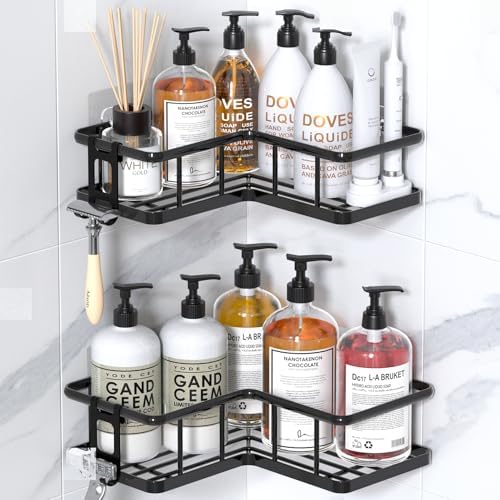 YASONIC Corner Shower Caddy Adhesive, 100% Rustproof Shower Organizer, No Drill Shower Shelf for Inside Shower, Wall-Mounted Shower Storage for Homes (2 Pack, Black) by YASONIC