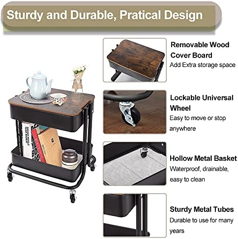 Melody House 2-Tier Metal Utility Rolling Cart Storage Organizer with Cover Board Mobile Trolley Sofa Side Table with Wheels for Office Home Kitchen Organization Black - Image 4