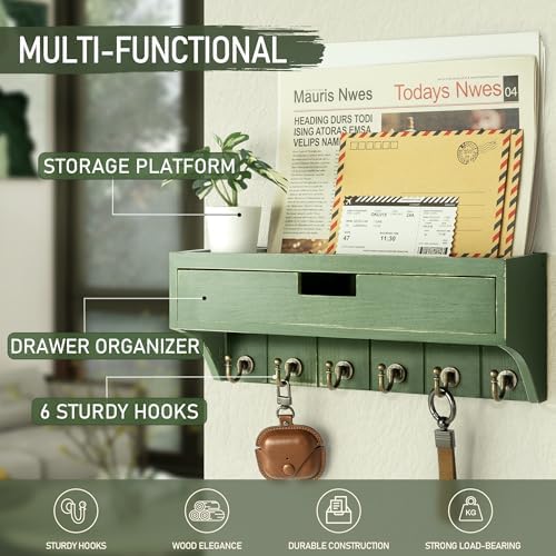 Rebee Vision Key Holder Wall Mount with Drawer, Shelf for Home Decor, Green - Image 3