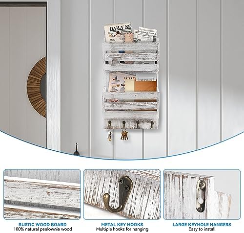 Mail Organizer Wall Mount with 4 Key Hooks, Rustic Wooden Hanging Mail Sorter Farmhouse Key Holder for Wall Decoration, 2-Slot Wall File and Magazines Bill Letter Holder - Image 2
