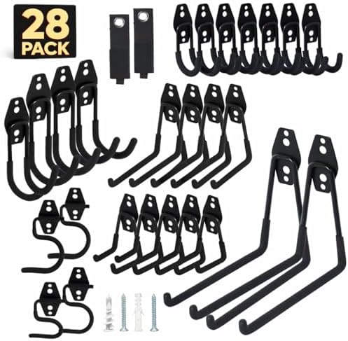 28 Pack Steel Heavy Duty Garage Hooks Storage Hooks with Anti-Slip Coating, Utility Garage Wall Mount Hanger and Organizer for Bikes, Ladder, Rope, Broom, Shovel and Garden Power Tools (28, Black) by Unknown