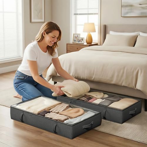 2-Pack Under Bed Storage Containers, 8 Inches Tall Clothes Storage, Black | Large Capacity Collapsible Underbed Organizer with Sturdy Sidewalls/Bottom, Cotton Linen Bins, For Seasonal Clothes & Bedding - Image 7