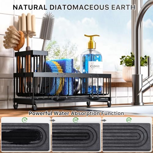 Cisily Sponge Holder for Kitchen Sink, Sink Caddy Organizer with High Brush Holder, Kitchen Countertop Organizers and Storage Essentials (Black Shelf with Stone Tray, Small) - Image 4