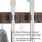 OUTNILI Mop and Broom Holder Wall Mount - Wood Broom Mop Hanger - Wall Mounted Garden Tool Rack Organizer for Closet Garage Laundry Room, Rustic Kitchen Decor With 4 Slots & 4 Hooks - Image 4