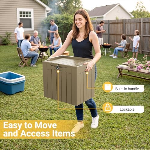 Greesum Outdoor Storage Box 31 Gallon Storage Box with Lid for Patio Furniture, Garden Tools, Pool Supplies, Waterproof and UV Resistant, Lockable, Light Coffee - Image 3