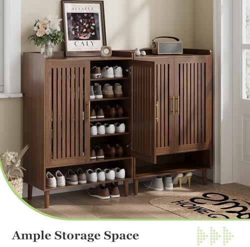 Shoe Cabinet, Large 6-Tier Shoe Storage Cabinet with Louvered 2 Doors, 44" Tall Freestanding Entryway Shoe Cabinet with Adjustable Shelves, Modern Shoe Organizer Cabinet, Shoe Rack Cabinet (Walnut) - Image 3