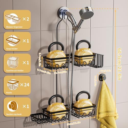 DAOYA Shower Caddy Hanging - Shower Caddy for Handheld Shower Heads with Soap holder, Toothbrush Holder & Suction Hook, Universal 0.82-inch Fit with Non-Slip Rubber Pad, Black - Image 3