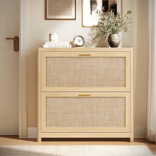VASAGLE Boho Shoe Storage Cabinet, Slim, Rattan-Look Flip Drawers by Unknown