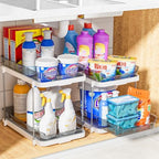 Delamu 2-Tier Multi-Purpose Bathroom Under Sink Organizers and Storage, Stackable Kitchen Pantry Organization, Pull Out Medicine Cabinet Organizer with Movable Dividers, Grey, 4 Pack - Image 4