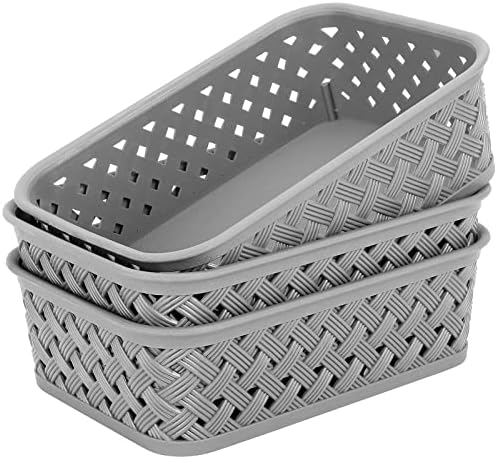 MaxGear 3 Pack Plastic Storage Baskets, Small, Grey by MaxGear