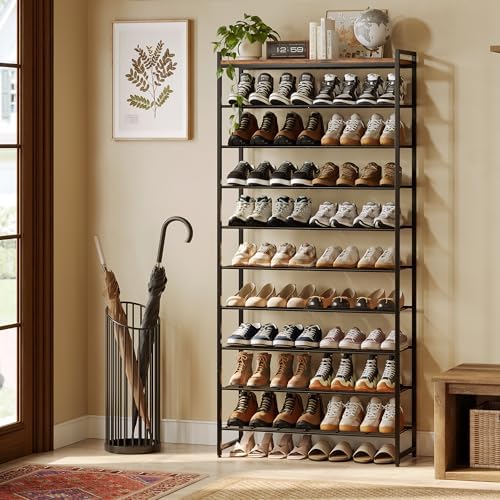 10 Tier Shoe Rack Organizer for 40-50 Pairs, Tall Metal Shoe Storage Shelf with Wood Top, Adjustable Boot Space, Narrow Design for Entryway Closet,Rustic Brown and Black - Image 2