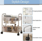 2-Tier Utility Rolling Cart Storage Organizer Sofa Side Table with Wheels, Under Desk Mobile Trolley Organizer with Handle and 2 Hanging Baskets for Office Home Kitchen Organization, Transparent - Image 6