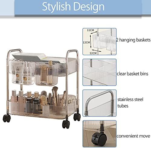 2-Tier Utility Rolling Cart Storage Organizer Sofa Side Table with Wheels, Under Desk Mobile Trolley Organizer with Handle and 2 Hanging Baskets for Office Home Kitchen Organization, Transparent - Image 6