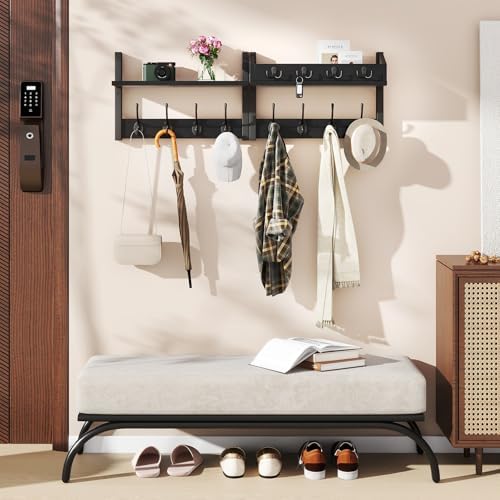 YMYNY 31.5" Coat and Key Rack Wall Mount with Shelf, Black, HWS007B-2 - Image 2