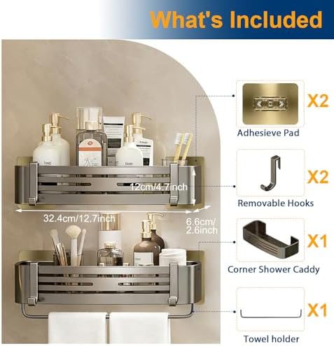 Shower Caddy, No-Drilling Adhesive Shower Shelves with Hooks, Waterproof & Rustproof Removable Shower Organizer Storage for Bathroom Kitchen - Image 4