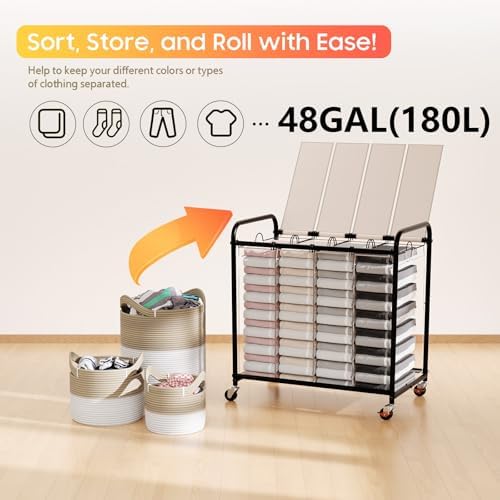 Laundry Sorter 4 Sections 48 Gal, Rolling Laundry Basket with Wheels ＆ Lid - Image 6