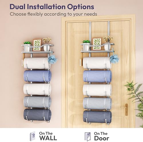 SWTYMIKI Over the Door Towel Rack - 6 Tier Towel Racks for Bathroom Wall Mounted, Towel Holder with Shelf, Hanging Rolled Towel Storage Organizer for Small Bathroom, Camper, RV, Sliver - Image 6