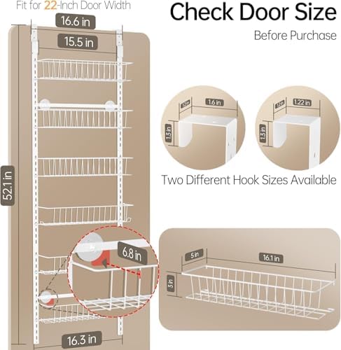 Delamu Adjustable Cabinet Door Organizer, 6-Tier Hanging Spice Rack Organizer, Metal Over the Door Pantry Organizer, Pantry Organizers and Storage Shelves for Kitchen Bathroom Laundry Room, White M - Image 3