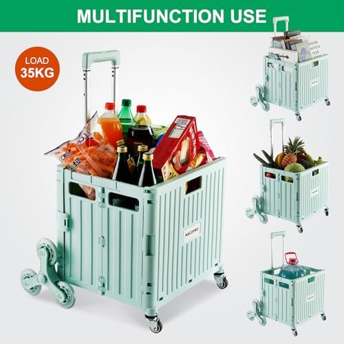 MACOPRO Foldable Utility Cart with Stair Climbing Wheels, Collapsible Rolling Crate with Telescoping Handle, Shopping Trolle Handcart Grocery Book File Tool Art Supplies Teacher Storage Basket(Green) - Image 2