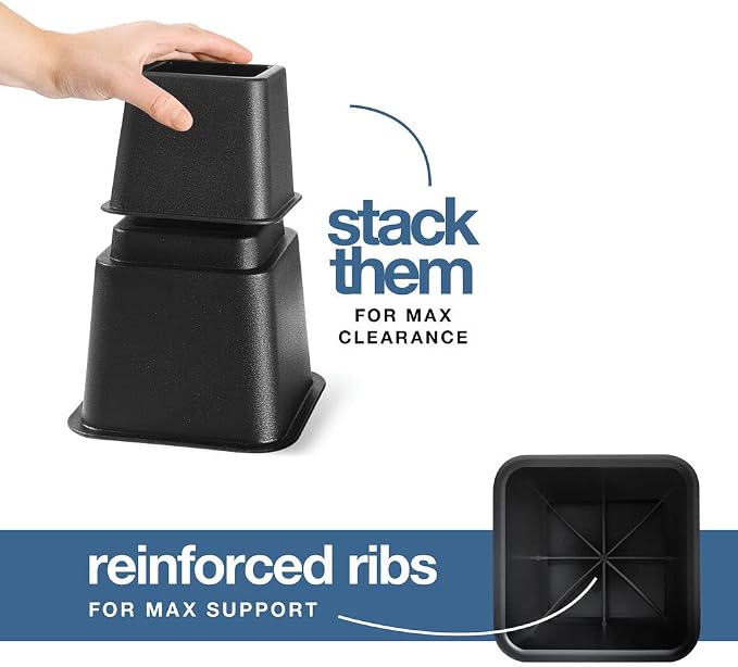 Home It Adjustable Bed Risers - Elevation in 3, 5 or 8 Inch - Heavy Duty Stackable Furniture Risers Supports 1,300 lbs - for Under-Bed Storage, College Dorms, Table and Couch, 4 Pack Bed Lifts Black - Image 8