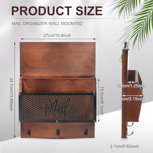 Yalikop Farmhouse Mail Organizer Wall Mounted Rustic Mail Holder Hanging Key Sorter with 3 Hooks Indoor Wooden Wall Mounted, Letter, Magazines, Newspapers, Keys (Classics,Dark Brown) - Image 2