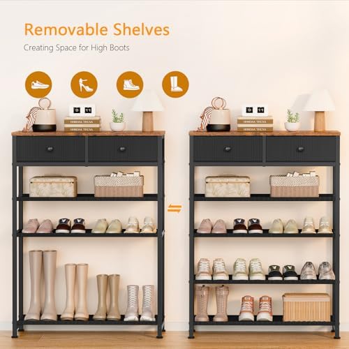 usikey Shoe Rack, 5 Tier Shoe Storage Organizer with 2 Drawers, Metal Shoe Shelf for 12-16 Pairs of Shoes, with 4 Oxford Fabric Shelves and Wooden Top, Shoe Stand for Closet Entryway, Black - Image 5