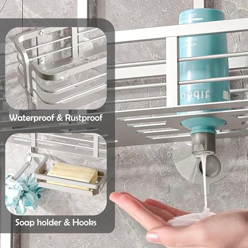 Shower Caddy Hanging, Never Rust Aluminum Shower Organizer, Over Showerhead No Drilling Shower Racks, with Soap Holder Multi Hooks Bathroom Storage for Shampoo Sponge,Silvery - Image 5